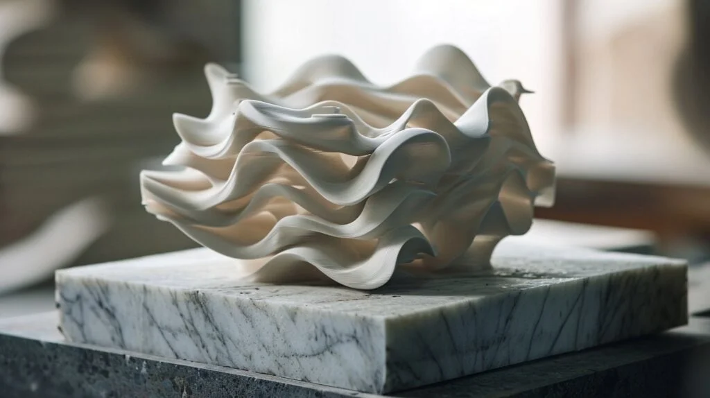 Abstract 3D-printed sculpture on marble base.