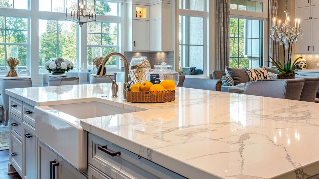 Elegant kitchen interior with marble countertops and modern decor.