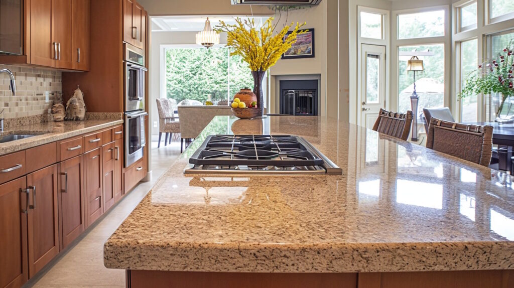 Modern kitchen interior with granite countertops and wooden cabinets.