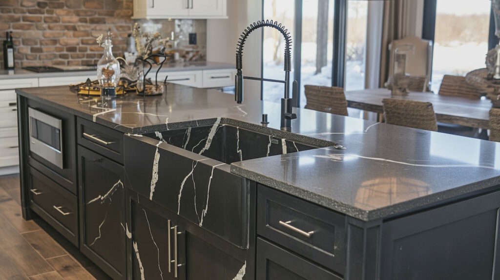 Modern kitchen with black marble countertop and island.