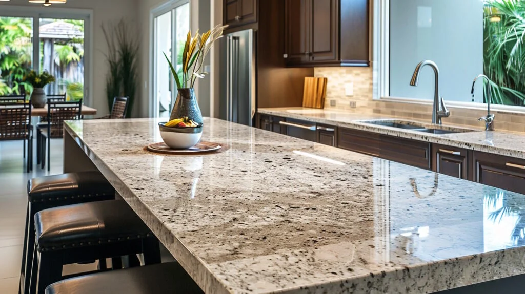 Modern kitchen with granite countertops and stainless steel appliances.