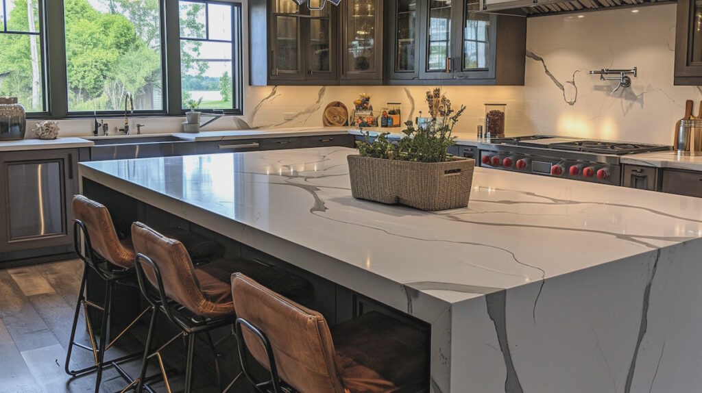 Modern kitchen with marble island and leather bar stools.