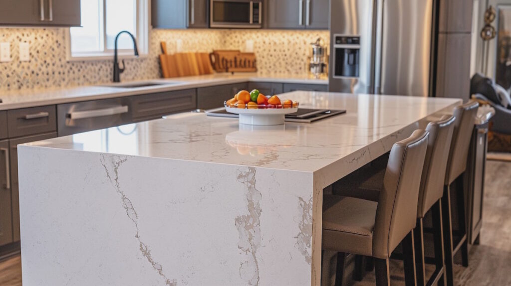 Modern kitchen with marble island and bar stools
