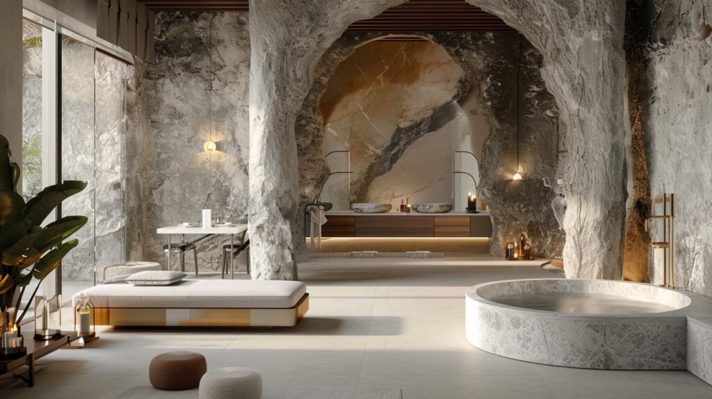Luxurious stone bathroom interior with natural lighting.