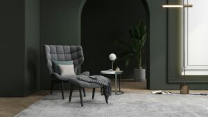 Modern dark green living room with stylish furniture.