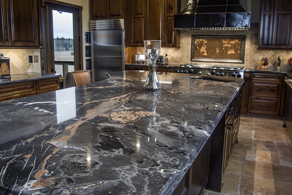 Luxury kitchen with marble countertop and dark wood cabinets.