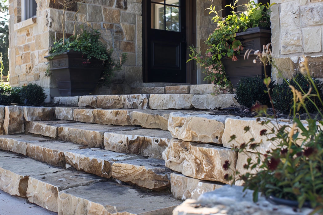 Stone steps leading to house entrance with potted plants.