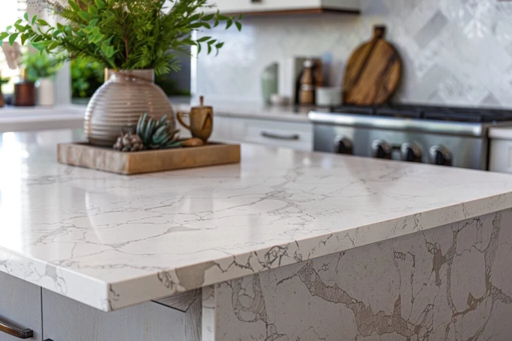Modern kitchen with marble countertops and decorative vase.
