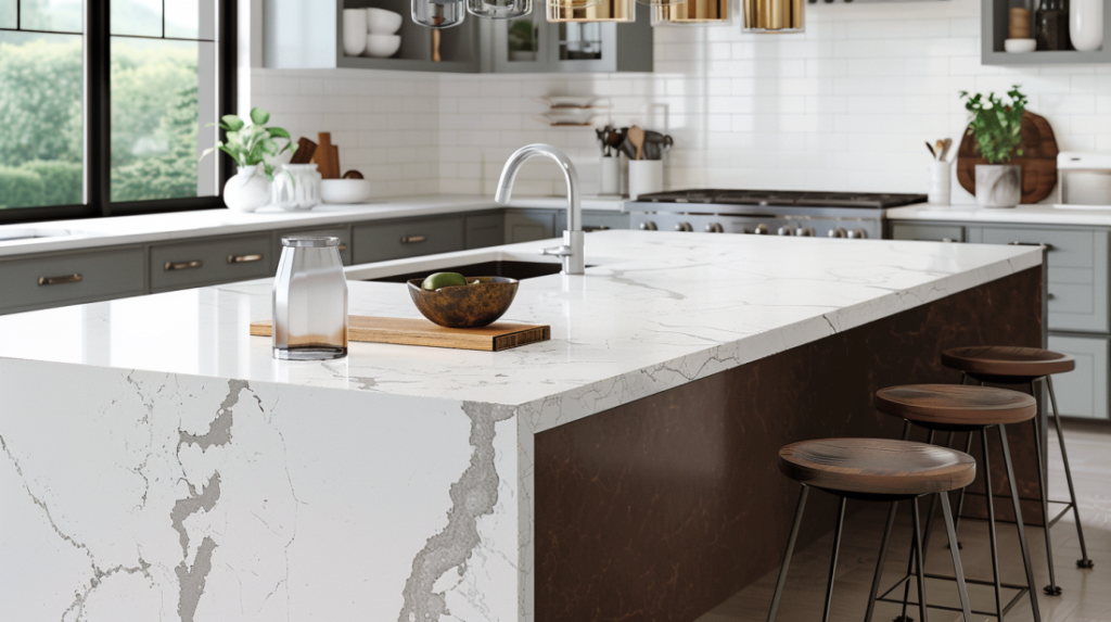 Modern kitchen with marble countertop and bar stools.