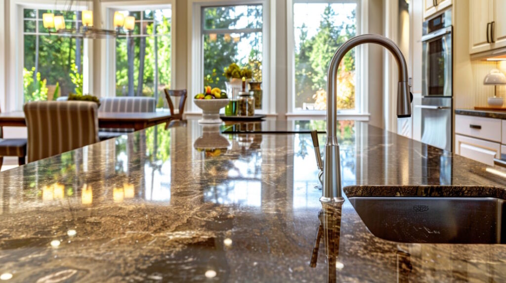Modern kitchen interior with granite countertop and sunlight.