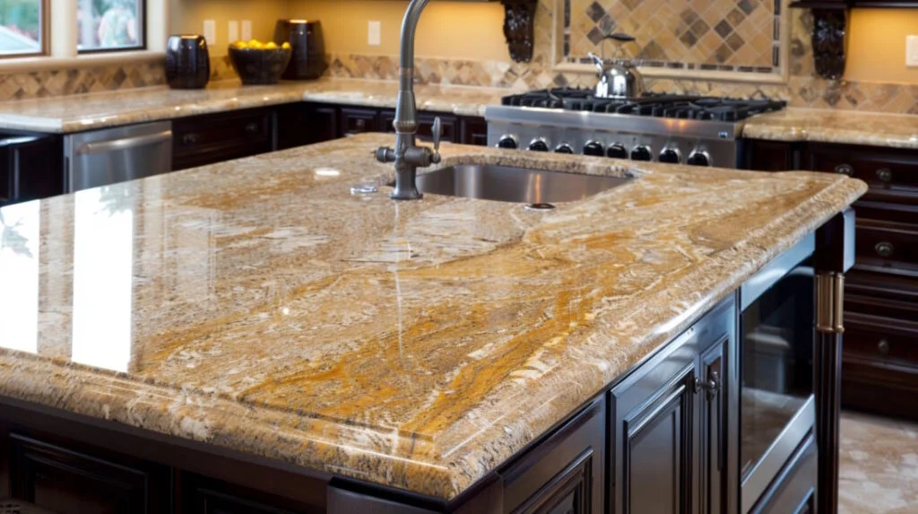 Elegant granite countertop in luxury kitchen.