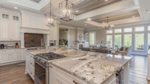 Elegant spacious kitchen interior with island and modern fixtures.