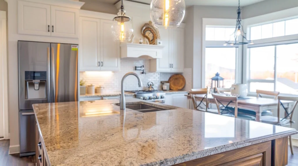 Modern kitchen interior with granite countertop and lighting