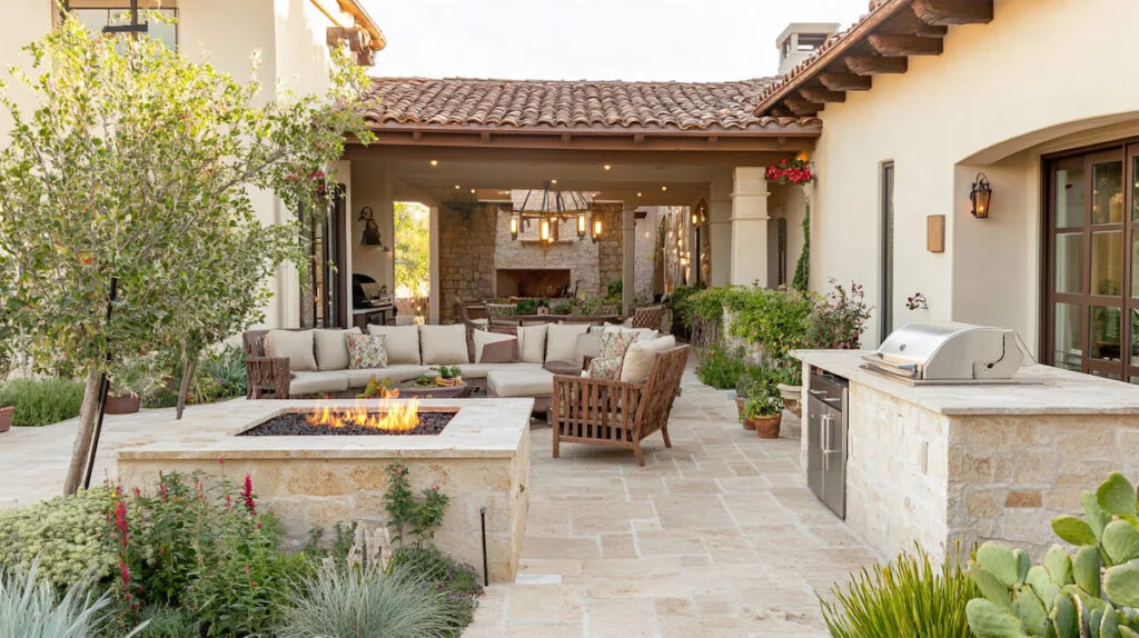 Outdoor patio with fire pit and seating area.