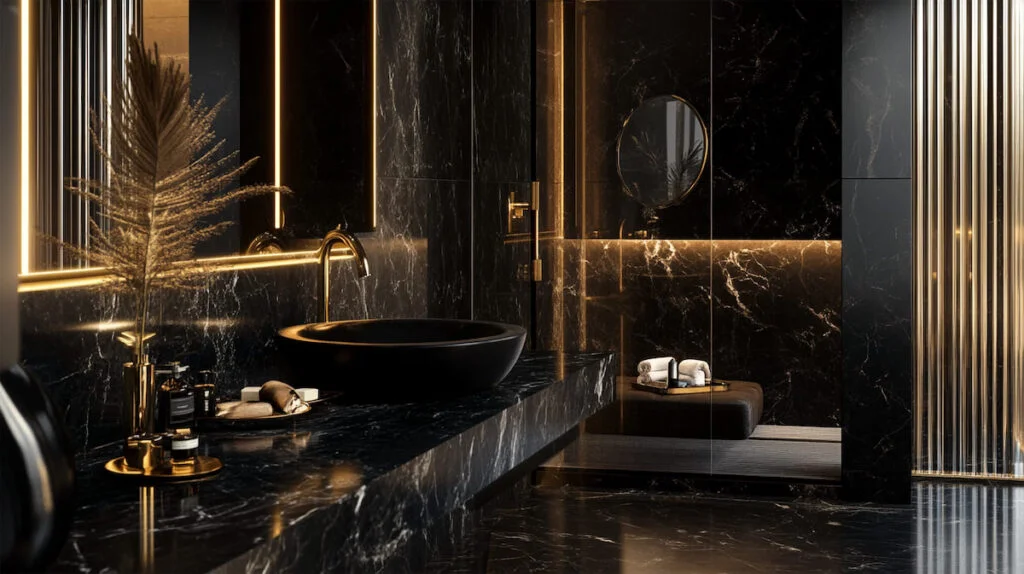 Luxury black marble bathroom with golden accents