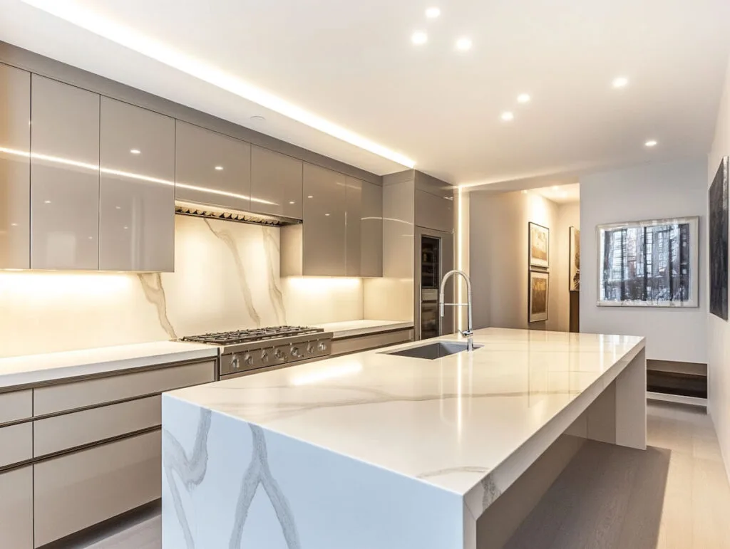 Modern kitchen with marble countertops and neutral cabinets.