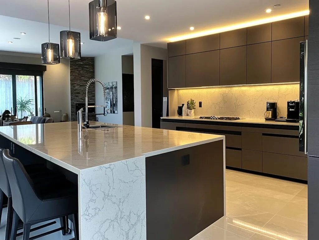 Modern kitchen with marble island and pendant lights.