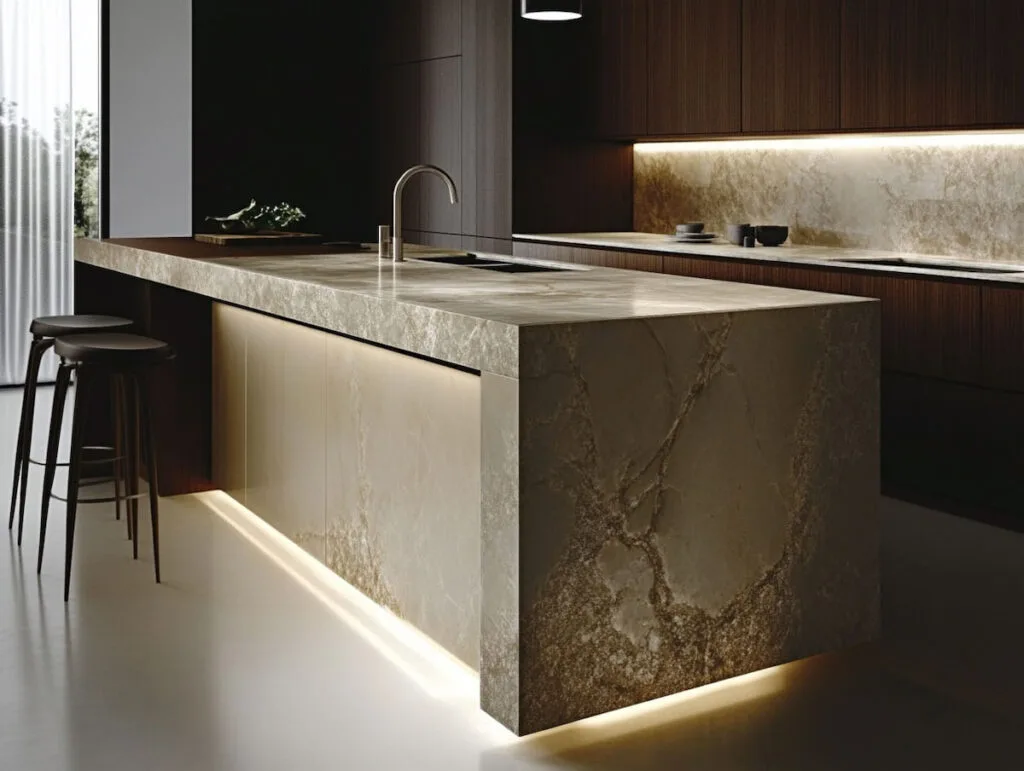 Modern kitchen with marble island and bar stools.
