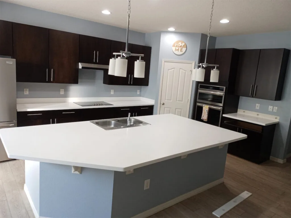 Modern kitchen with dark cabinets and island.