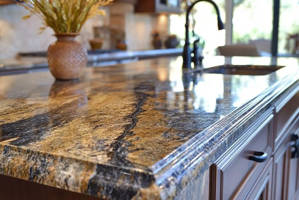 Granite kitchen countertop with ornate brown vase