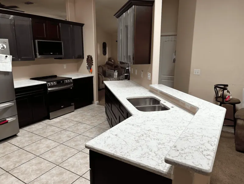 Modern kitchen interior with marble countertops