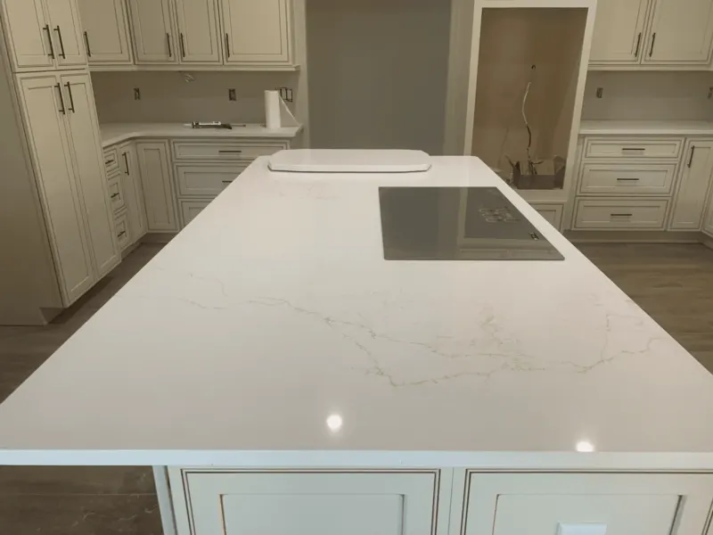 Modern kitchen with white marble countertop and cabinets.