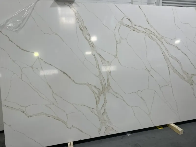 White marble slab with intricate veining patterns.