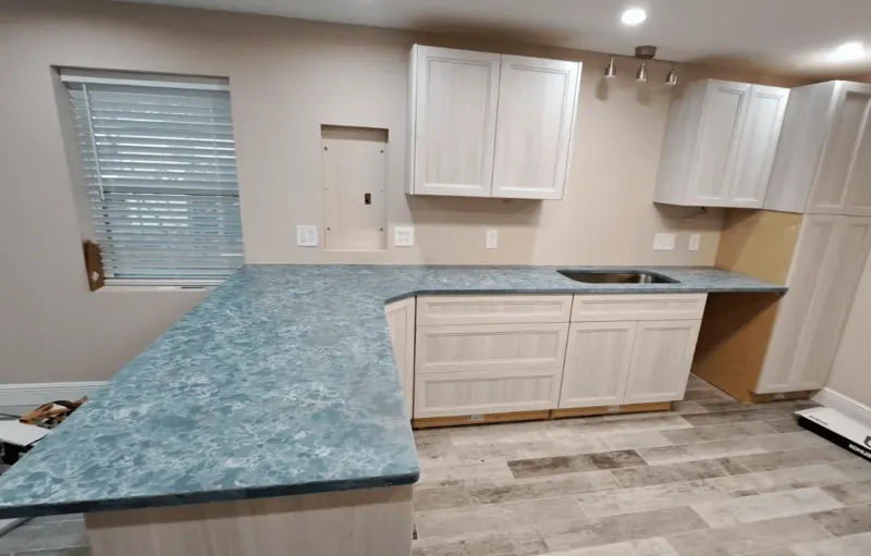 Modern kitchen with blue granite countertops