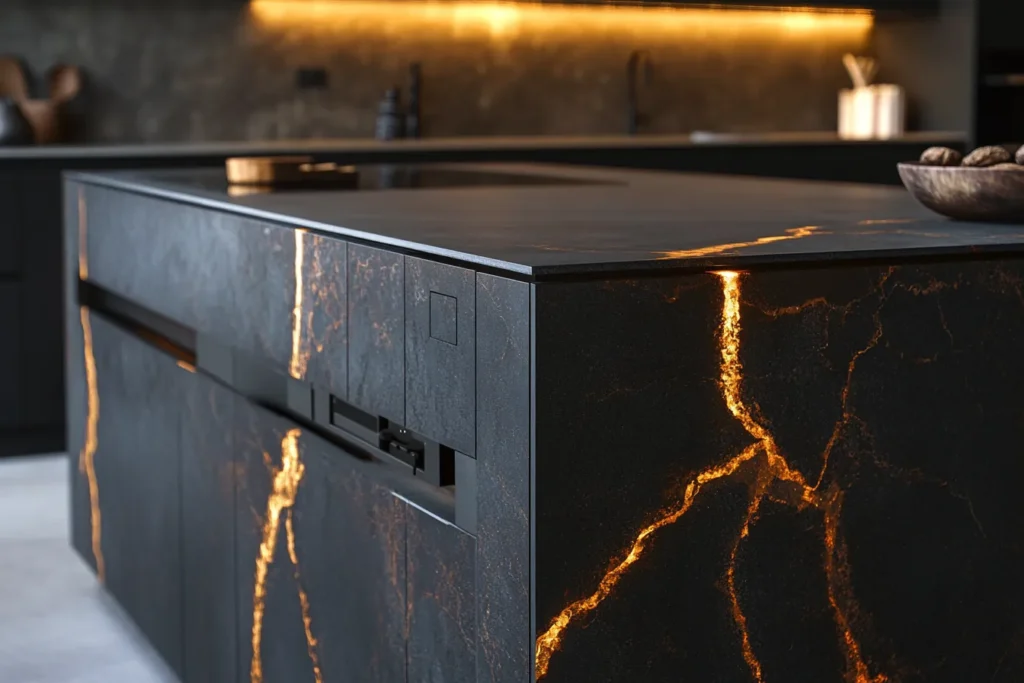 Modern kitchen island with glowing marble effect.