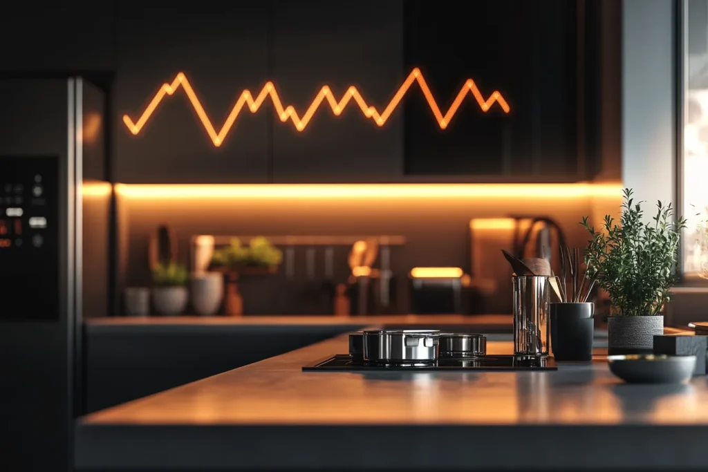 Modern kitchen design with warm lighting and plants.