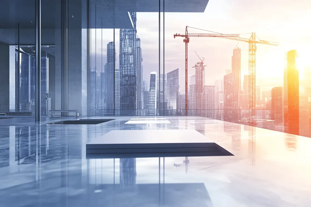 Modern skyscrapers and cranes with glass reflections