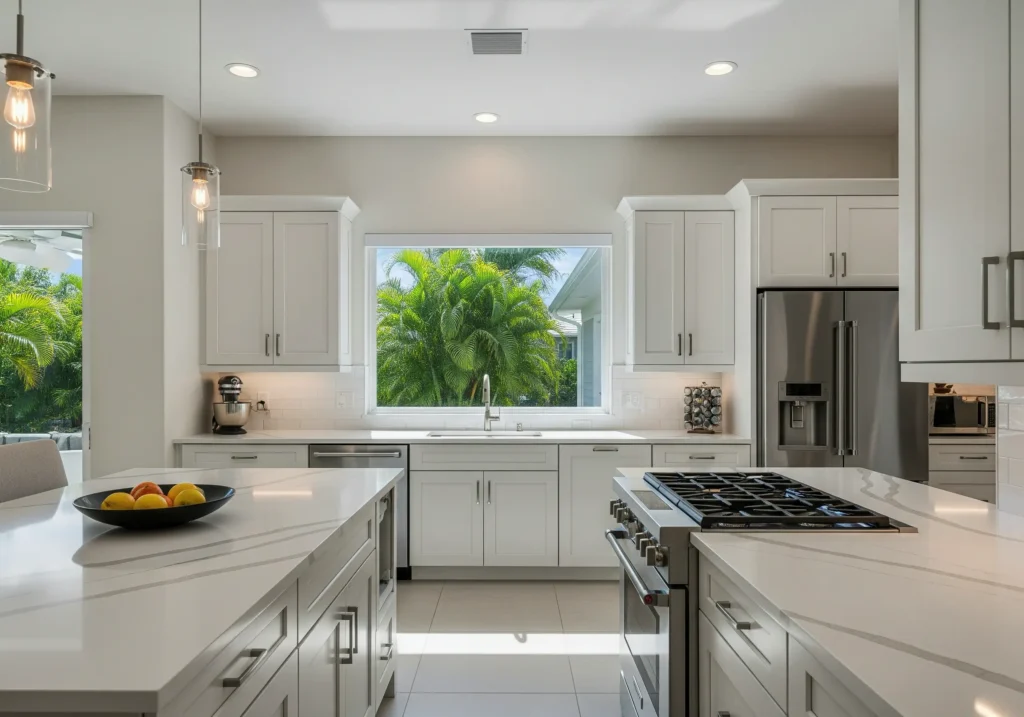 Modern kitchen with large window and white cabinets