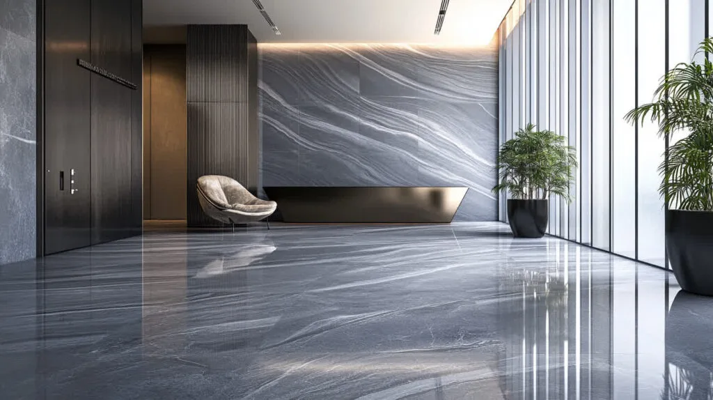 Modern lobby with marble flooring and plants