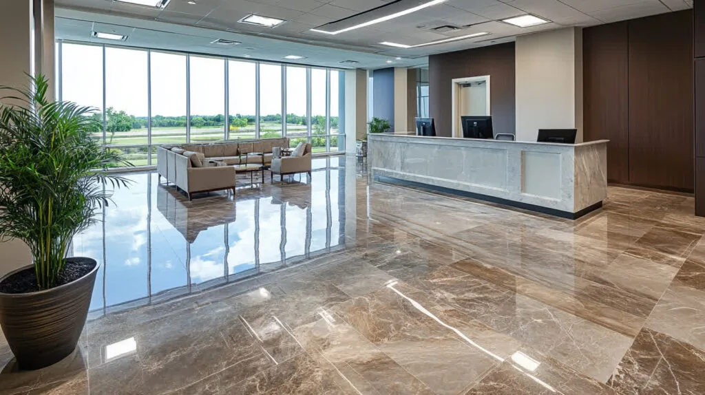 Spacious modern office lobby with seating and reception.