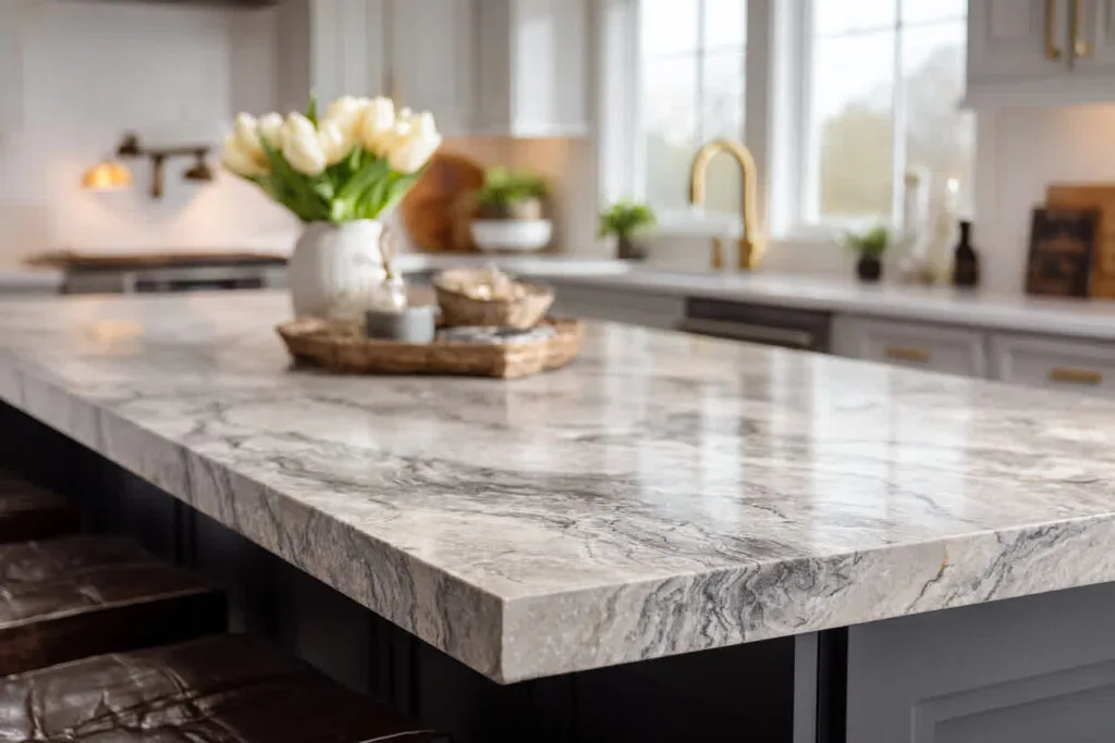 Modern kitchen with marble countertop and tulips