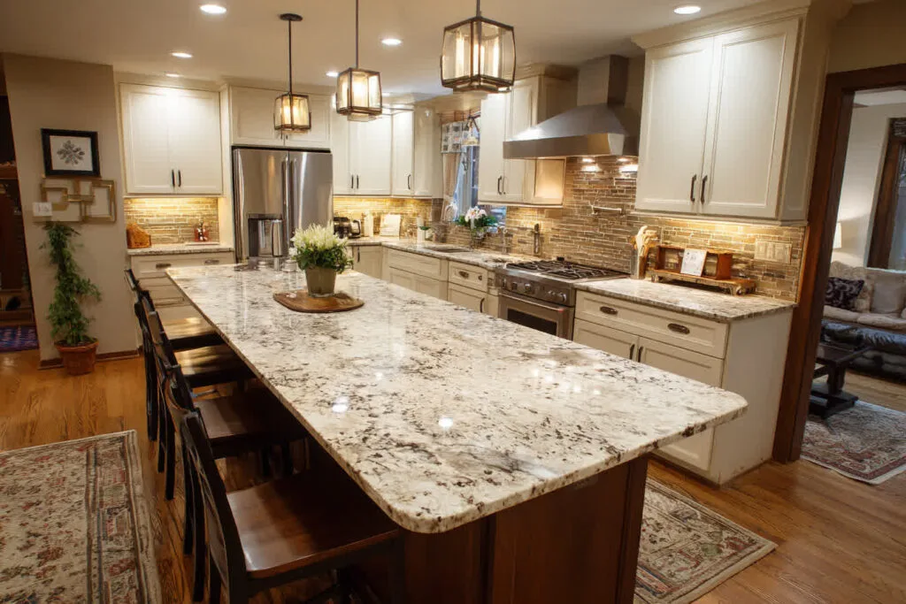 Modern kitchen with granite countertops and wooden cabinets.