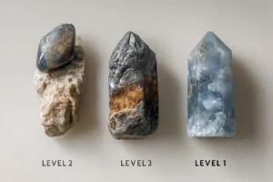 Three multicolored stones labeled Level 1, 2, 3.