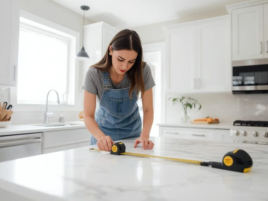 Woman measuring kitchen countertop with tape measure.