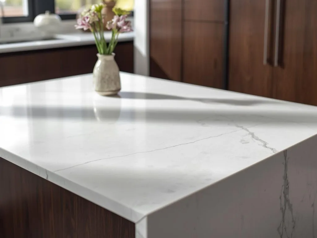 Marble kitchen island with vase of flowers.