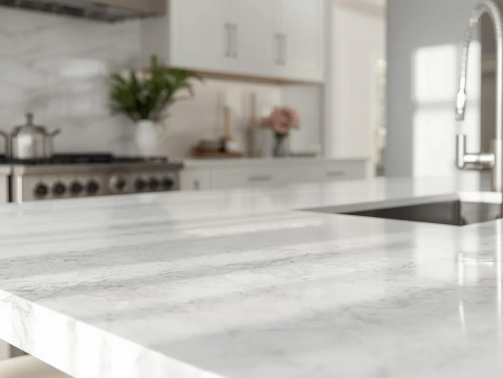 Modern kitchen with marble countertop and stainless sink.