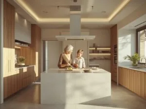Modern kitchen with people cooking together