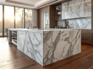 Modern kitchen with marble island and wooden floor