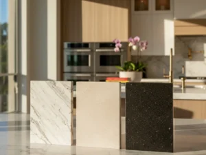 Polished, honed, and leathered countertop slab samples shown side by side in a Florida kitchen