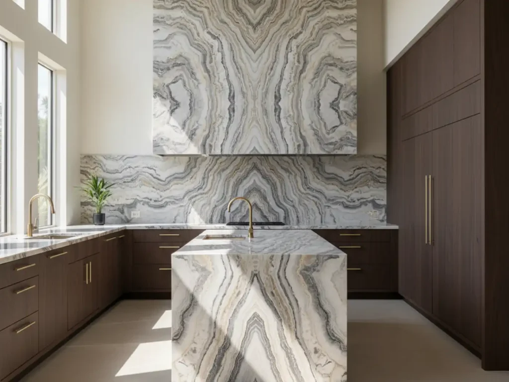 Luxury Florida kitchen featuring a dramatic bookmatched quartzite backsplash mirroring the veining above the island