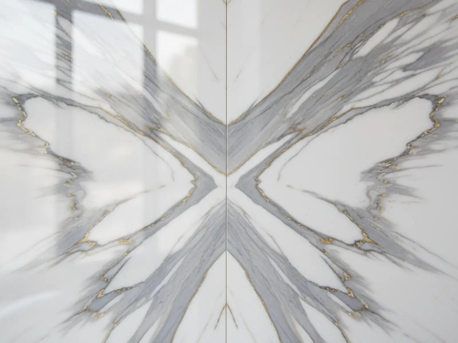 Close-up of a bookmatched marble seam showing mirror-image veining flowing from the centerline