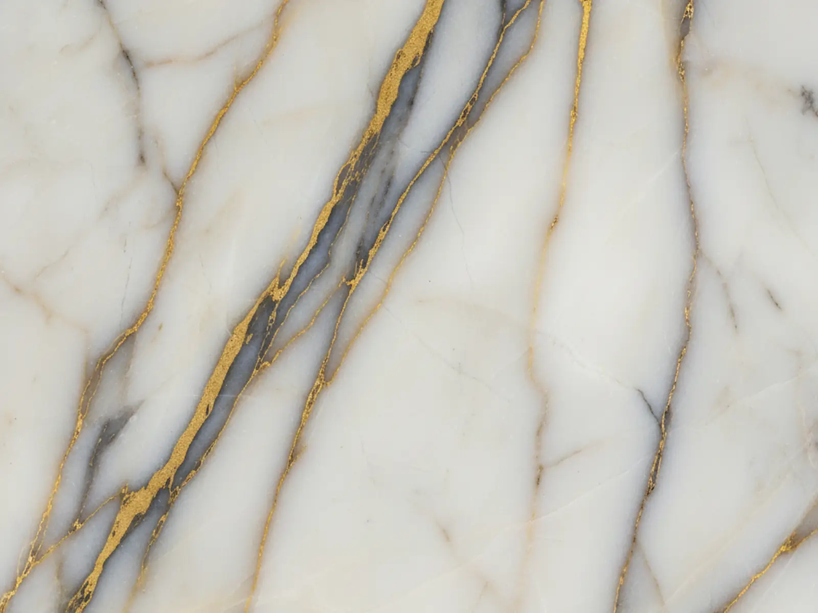 Close-up of dramatic golden and grey veining in a polished Calacatta marble slab