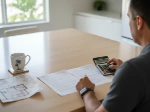 Homeowner comparing three countertop quote estimates on a kitchen table
