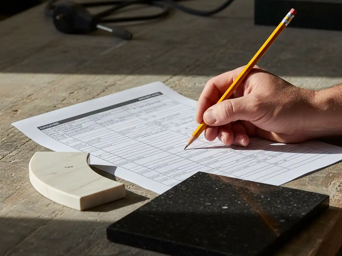 Fabricator pointing at an edge profile line item on a countertop quote next to a granite sample