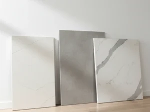 Three slabs side by side — sintered stone, porcelain slab, and engineered quartz — for comparison