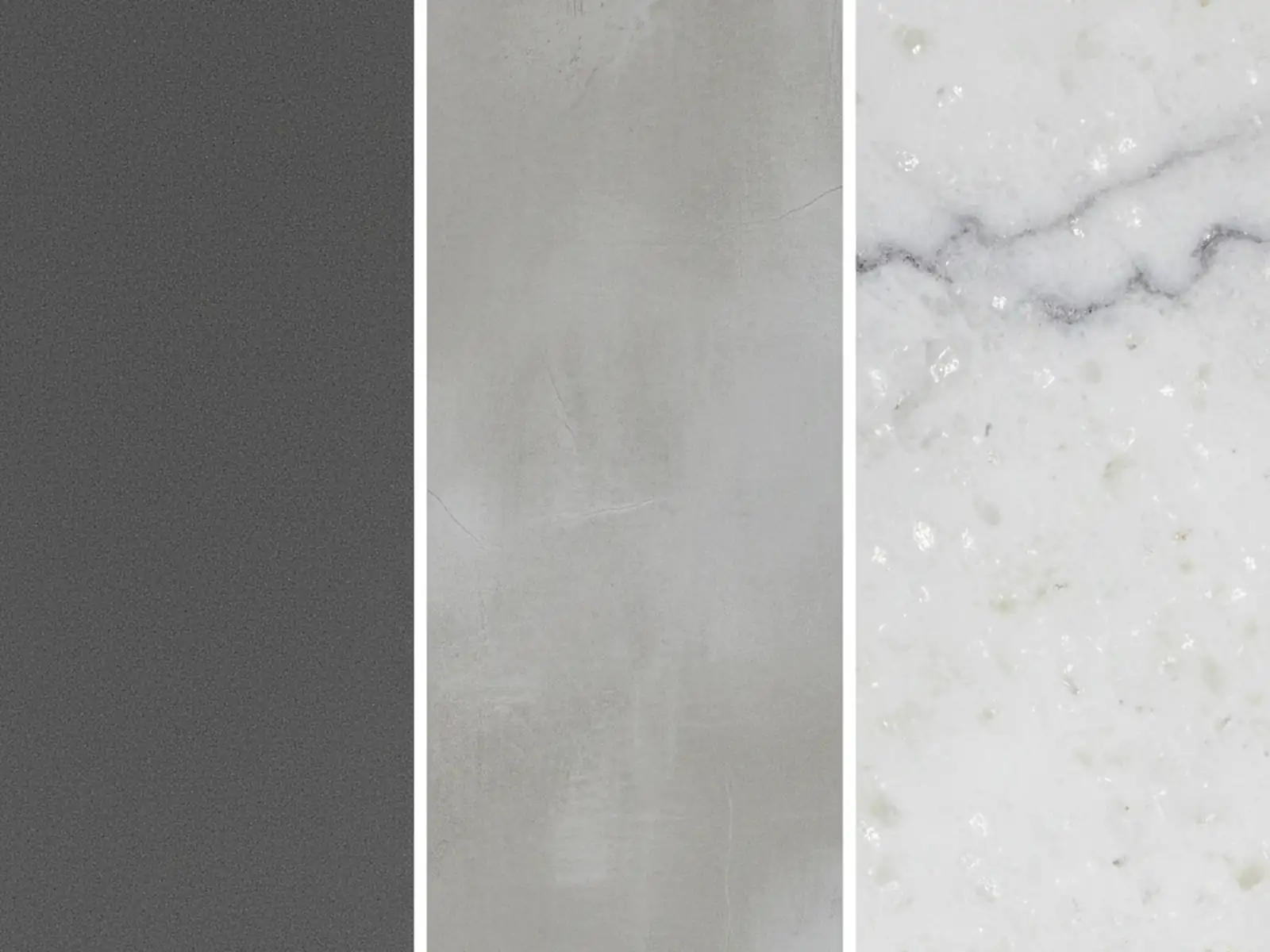 Macro detail of sintered stone, porcelain slab, and engineered quartz textures shown side by side